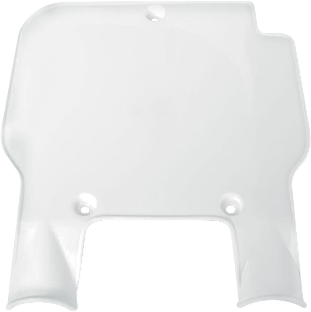 White front number board for Kawasaki KX125 1989, featuring a smooth plastic surface with two mounting holes for easy installation.