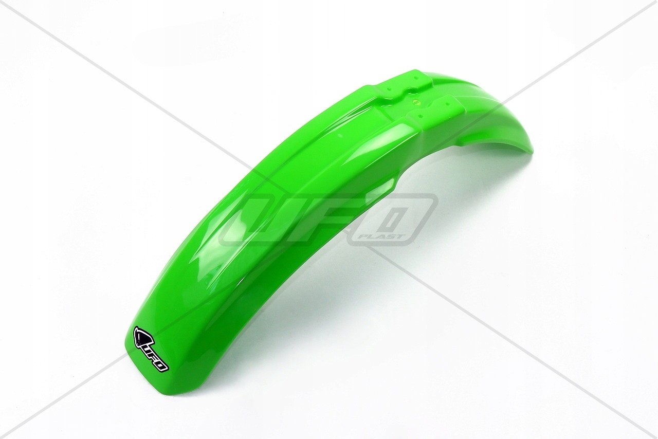 Bright green plastic front fender for Kawasaki KX 125/250/500 models from 1993 to 2002, featuring a sleek design and the UFO logo on the side.