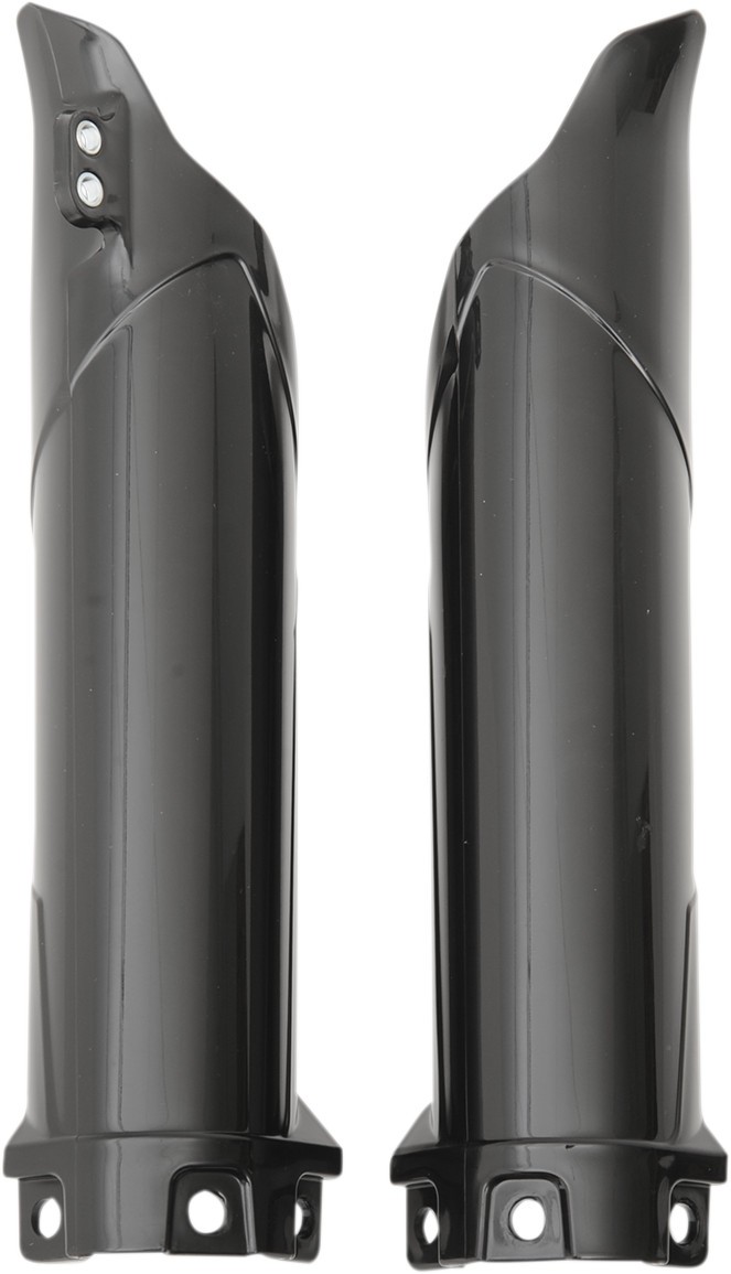 Black UFO fork guards designed for Kawasaki KX 112, featuring a sleek, glossy finish with a streamlined shape and mounting holes for easy installation.
