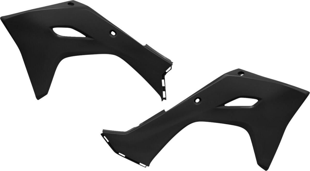 Black UFO radiator scoops designed for Kawasaki KX450 models 2024-2025, featuring a sleek aerodynamic shape and cutouts for easy installation.