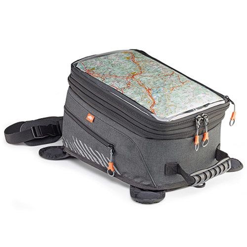 Expandable grey motorcycle tank bag with a clear top map pocket, durable material, side straps, and reflective detailing for visibility.