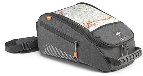 Grey Kappa Alpha TANKLOCK motorcycle tank bag featuring a map pocket, zippered compartments, and a durable fabric with a striped design on the side.
