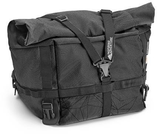 Kappa Inspiring Adventure Racer motorcycle tail bag in black, featuring a roll-top closure, adjustable straps, and a 19-litre capacity, made from durable, weather-resistant material.
