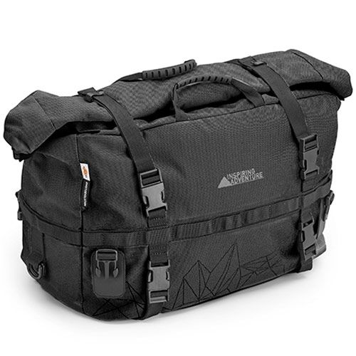 Kappa Inspiring Adventure Racer Motorcycle Tail Bag in black, featuring a durable fabric, adjustable straps, buckle closures, and a geometric design, with a 32-litre capacity.