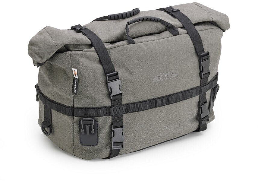 Kappa Inspiring Adventure Racer Motorcycle Tail Bag in grey, made of durable material, featuring adjustable straps, a roll-top closure, and a 32-litre capacity.