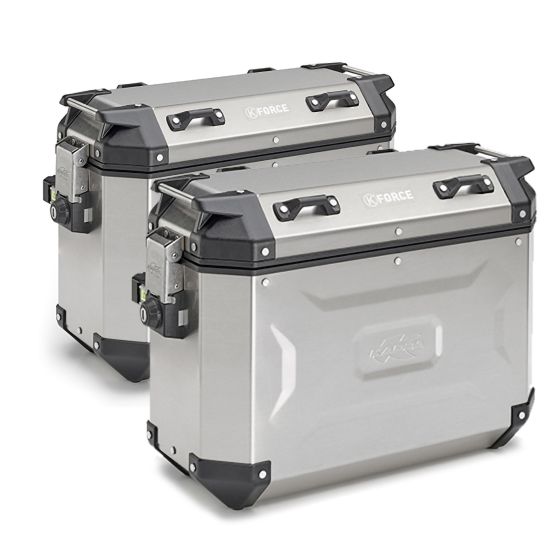 Silver Kappa K'FORCE MONOKEY mixed motorcycle side cases, featuring a sturdy metal construction, black accents, and secure locking mechanisms, designed for durability and style.