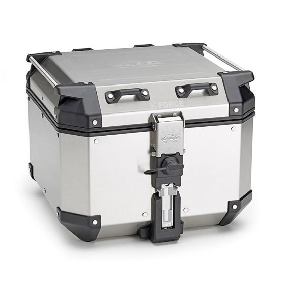 Kappa K'FORCE MONOKEY motorcycle top case in silver, featuring a sturdy aluminum exterior, a secure locking mechanism, and reinforced corners for durability.