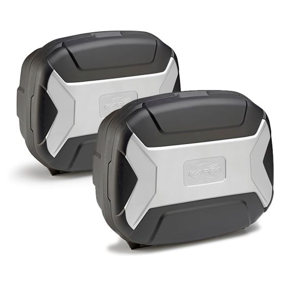 Silver and black Kappa K'VECTOR MONOKEY motorcycle top cases, 35 litres each, featuring a sleek design with a sturdy exterior and prominent logo.
