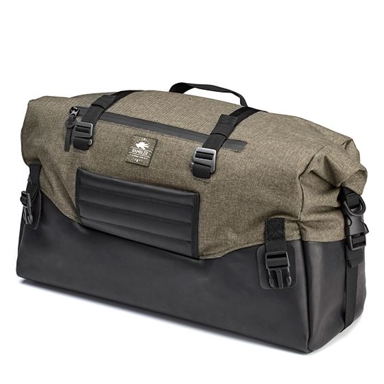 Olive green and black Kappa Rambler motorcycle tail bag featuring a roll-top closure, adjustable straps, and a textured fabric with a smooth bottom panel.