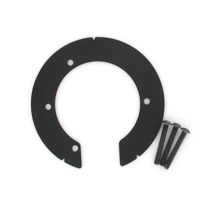 Black circular tank bag clamp with cutouts and four holes for screws, accompanied by three black screws, designed for secure attachment to motorcycle tanks.