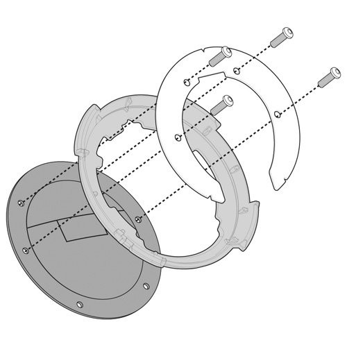 Kappa Tank Lock Fitting Kit for BMW, featuring a circular black base, a transparent top ring with cut-outs, and metal screws for secure attachment.