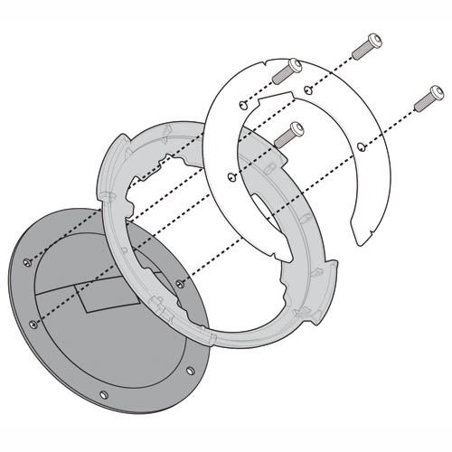 Kappa Tank Lock Fitting Kit features a circular black base, transparent locking ring, and metal screws, designed for secure attachment of tank bags.