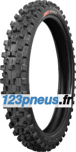 Kenda K7102F front motorcycle tire, size 90/100-21, featuring a rugged tread pattern for enhanced grip, with a black rubber finish and red branding.