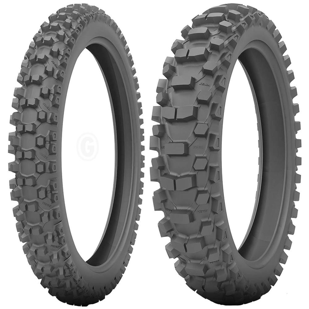 Kenda K785 Millville II tire in size 90/100-14, featuring a rugged tread pattern for enhanced traction, made of durable rubber in a gray color.