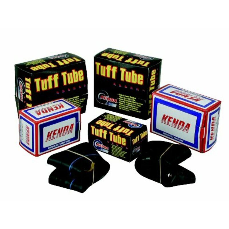Black motorcycle inner tube valves in packaging, featuring Kenda branding, with boxes labeled "Tuff Tube" and specifications for sizes 3.50/4.00-18 EP.