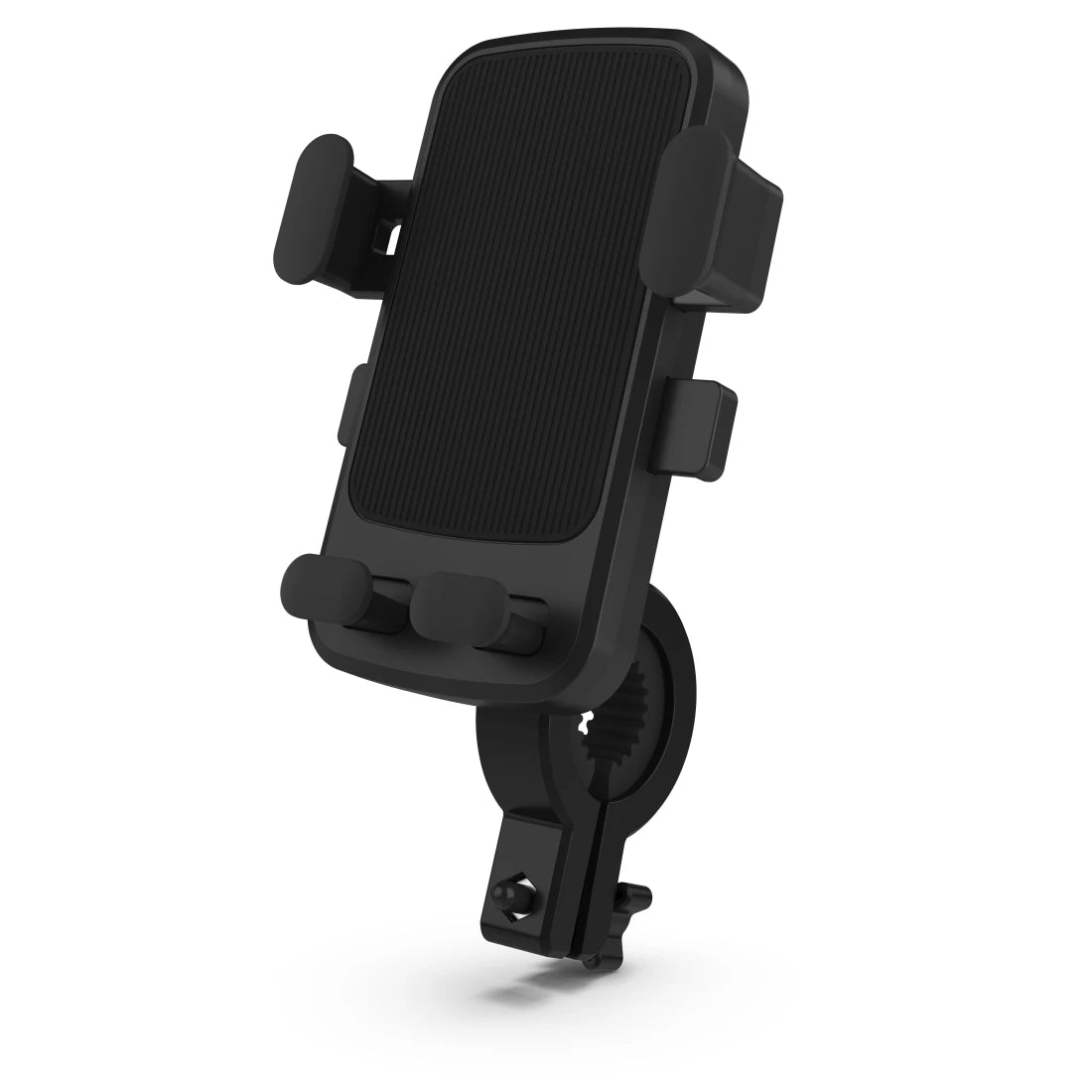 Black mobile phone holder designed for kick scooters, featuring a textured grip surface, adjustable side clamps, and a sturdy mounting bracket for secure attachment.