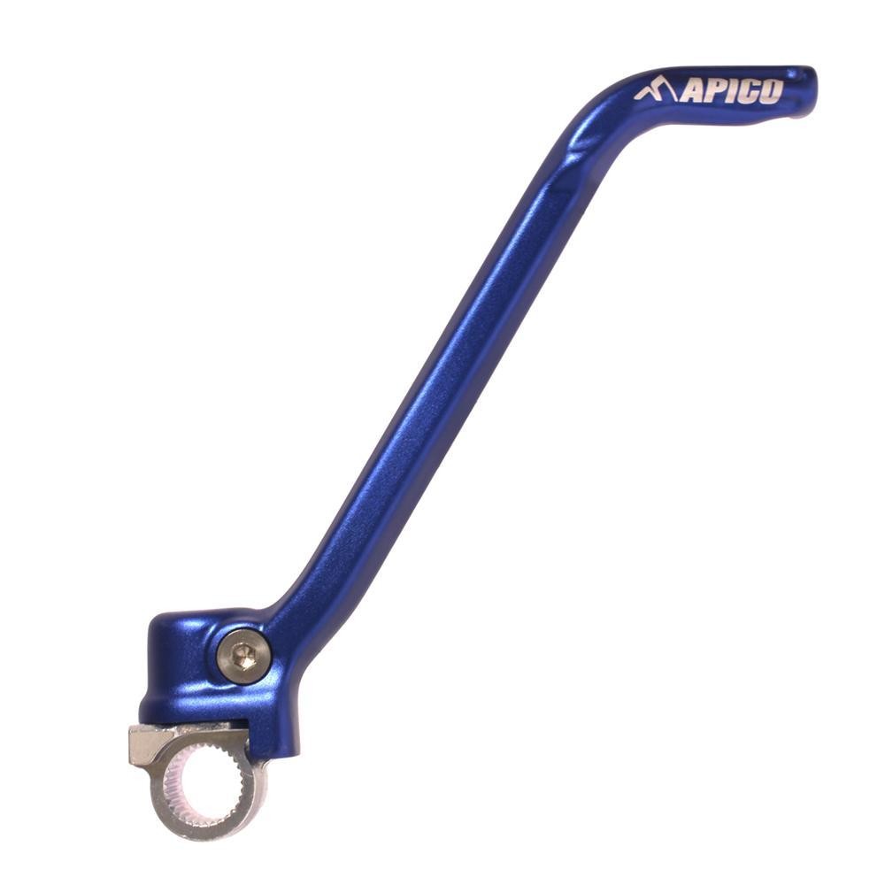 Blue aluminum kick start lever with a polished silver gear mechanism, featuring the "APICO" logo, designed for various KTM and Husqvarna motorcycle models from 2016 to 2023.