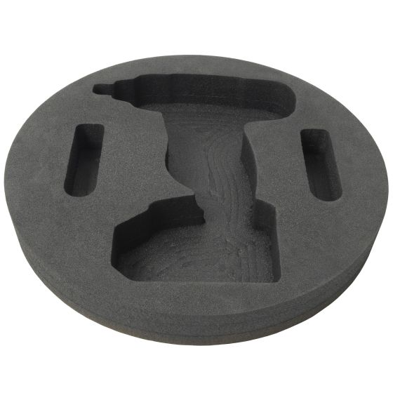 Round, black foam holder designed for a 14-inch impact wrench, featuring cutouts for tool placement and handles for easy transport, part of the Layer Cake System.