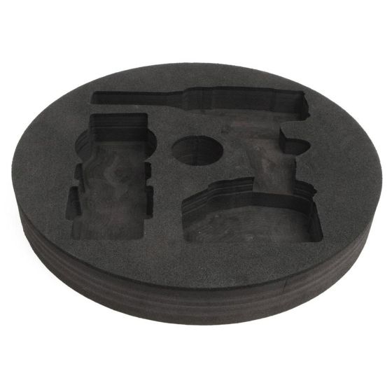Round, black foam holder designed for the Kielder Layer Cake System, featuring cut-outs for a 17-inch impact wrench, tow rope, and a centre post.