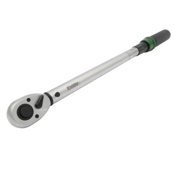 Kielder Professional Torque Wrench with a silver metal body, black rubber grip, and green accents, featuring a 1/2 inch drive and torque range of 20-220Nm, measuring 525mm and weighing 1.2kg.