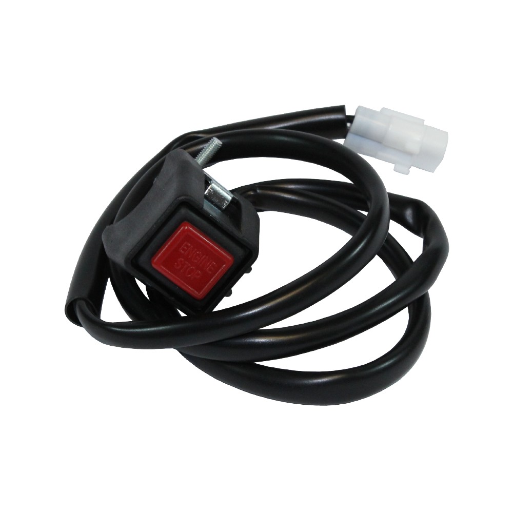 Black kill switch with a red "ENGINE STOP" button, featuring a durable plastic casing and a wiring harness connector, designed for Yamaha YZ and YZF models from 2004 to 2025.