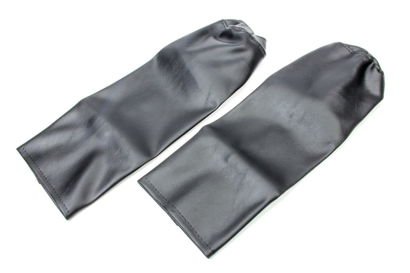 Black, durable leather-like covers designed to protect small coil over shocks, featuring a simple, streamlined design with stitched edges for added durability.
