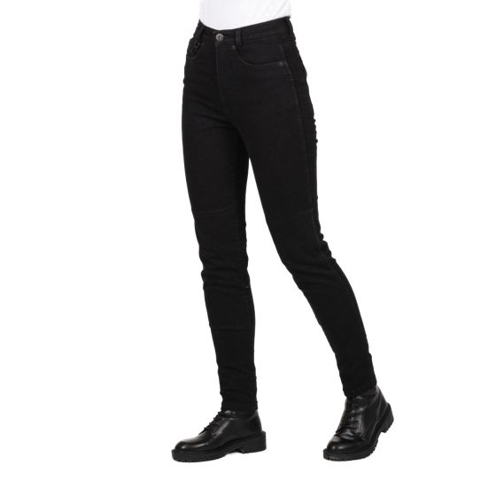 Black denim motorcycle jeans for ladies, featuring a slim fit, short leg design, and reinforced stitching, paired with black ankle boots for a stylish look.