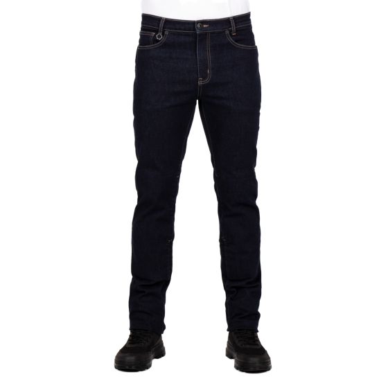 Indigo blue Knox Calder Short Leg Motorcycle Denim Jeans in large size, featuring a slim fit, classic five-pocket design, and contrasting stitching details.