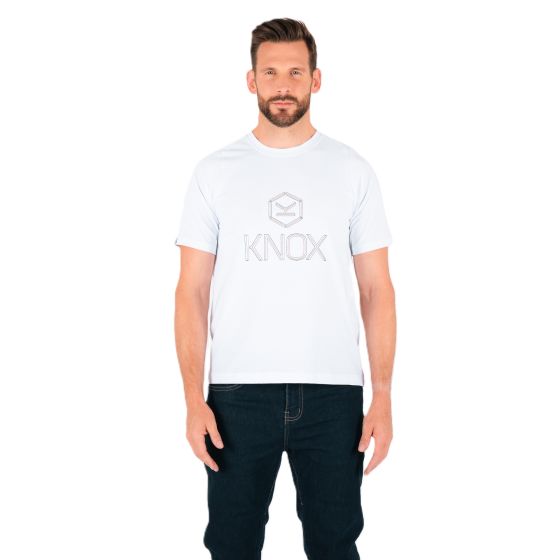 White cotton t-shirt featuring an embroidered "KNOX" logo in gray, with a classic crew neck and short sleeves, worn by a model standing against a plain background.