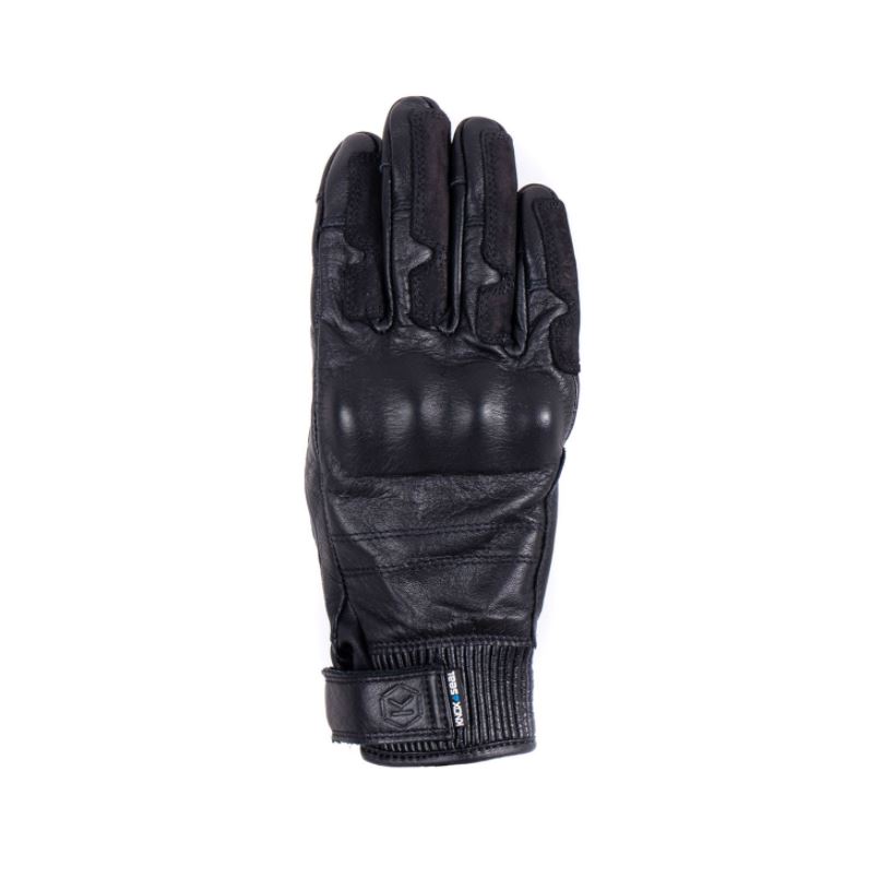 Black leather motorcycle glove featuring knuckle protection, a ribbed wrist cuff, and a sleek design, labeled as Knox Hand Armour Ladies Hadleigh MKII in size medium.