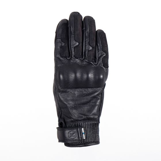 Black leather motorcycle gloves for women, featuring a textured palm, reinforced knuckles, and a secure wrist strap, designed for comfort and protection while riding.