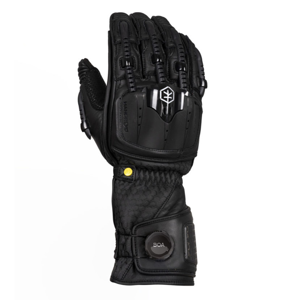 Black Knox Handroid MK V gloves in size M, featuring a textured leather exterior, reinforced knuckles, and a BOA closure system for a secure fit.