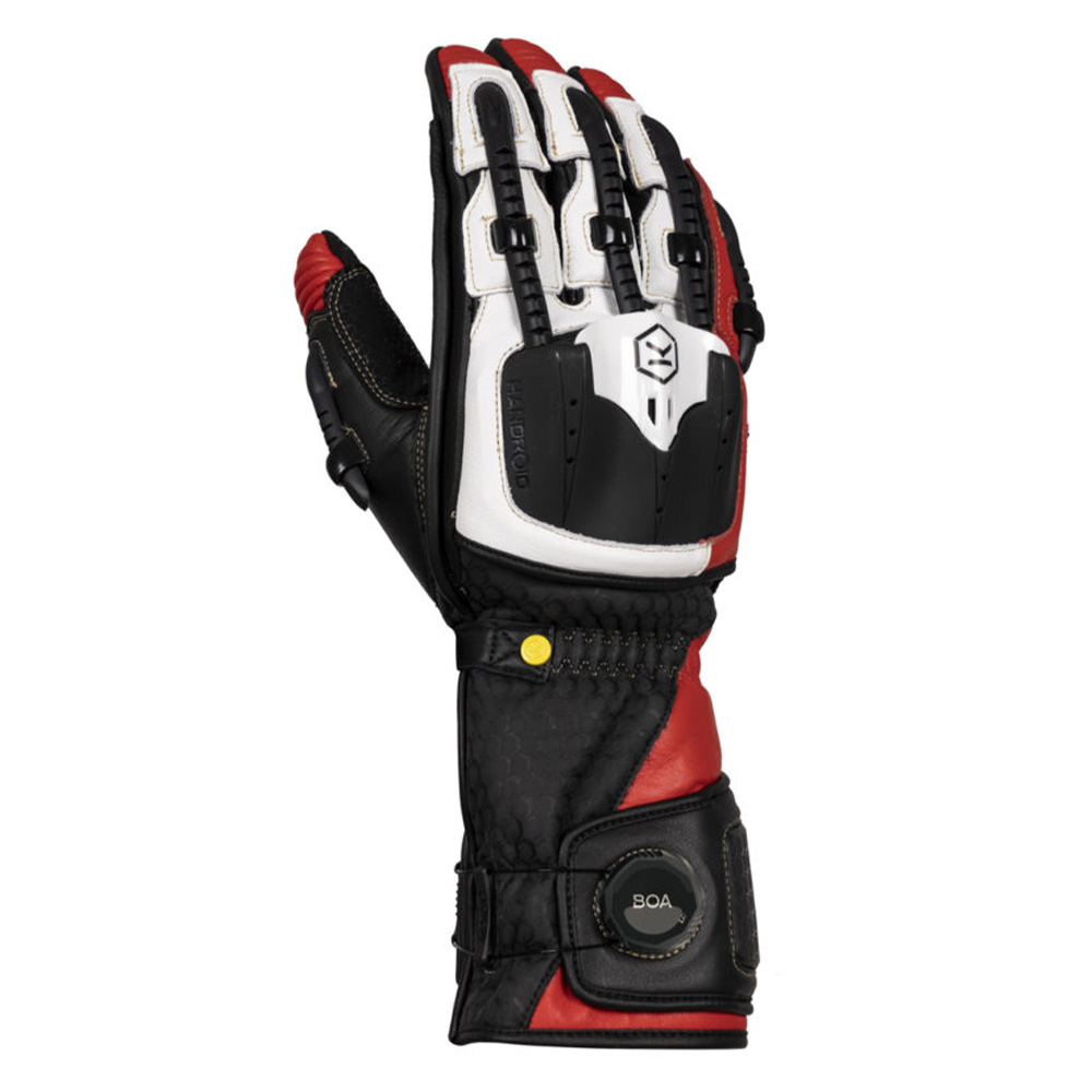 Knox Handroid MK V gloves in black, white, and red, featuring a sleek design, protective knuckle armor, and a BOA closure system, sized XL for a snug fit.