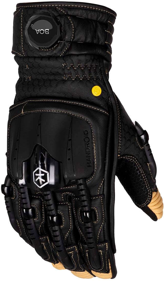 Black leather motorcycle gloves with a textured finish, featuring hard knuckle protection, reinforced stitching, and a secure wrist closure.