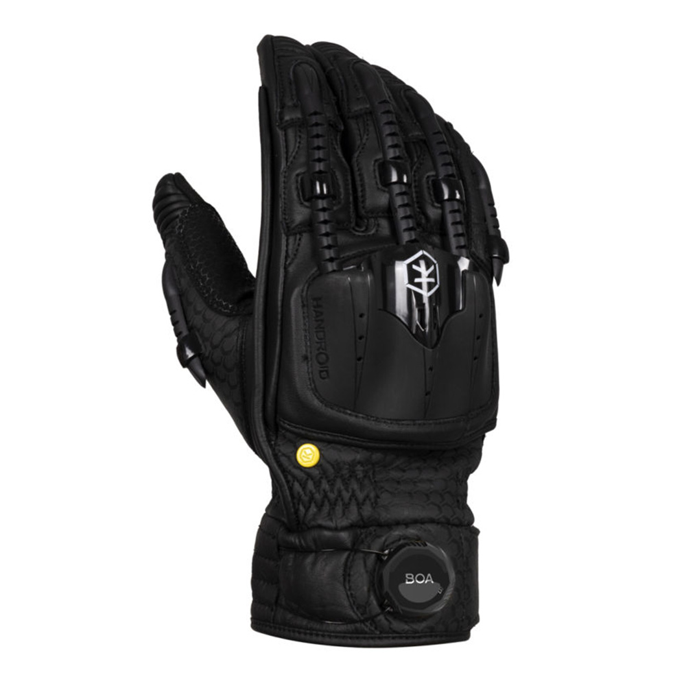 Black Knox Handroid POD MK V gloves in size L feature a sleek design with textured material, reinforced knuckles, and a BOA adjustment system for a secure fit.