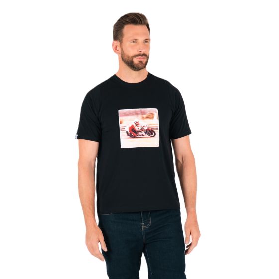Black Knox Heritage Race T-Shirt in large size features a vibrant motorcycle graphic on the front, made from comfortable fabric, ideal for casual wear.