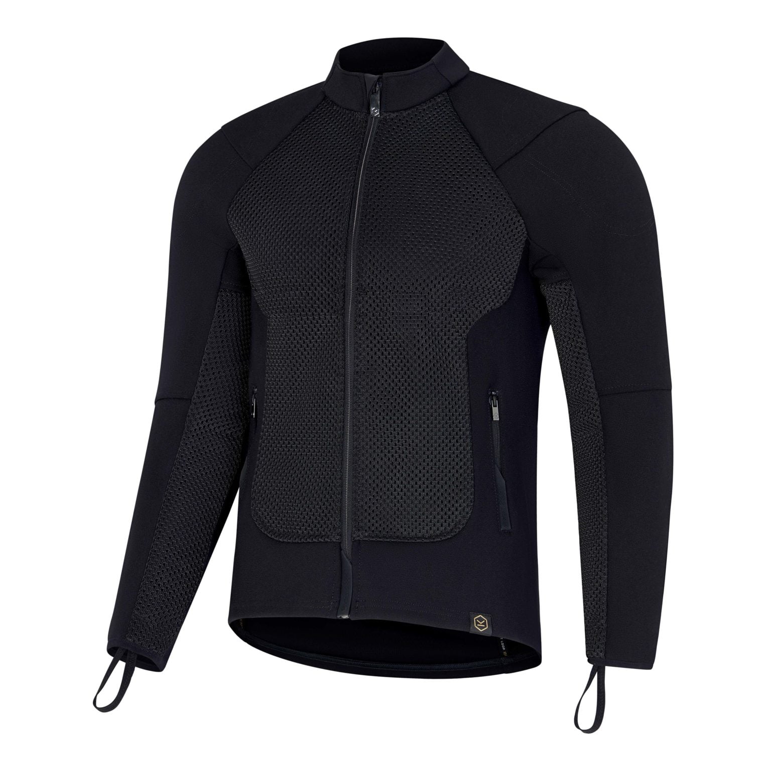Black motorcycle airbag jacket featuring full built-in protection, made from durable material with mesh panels, zippered front, and adjustable cuffs for a secure fit.