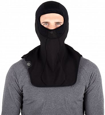 Black Knox Hot Hood balaclava featuring a snug fit, breathable material, and a face opening, designed for unisex use in one size.