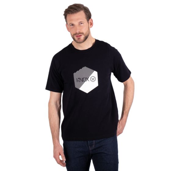 Black Knox Illusion Strip T-Shirt in large size features a white hexagonal graphic with diagonal stripes on the front, made from soft, breathable cotton material.