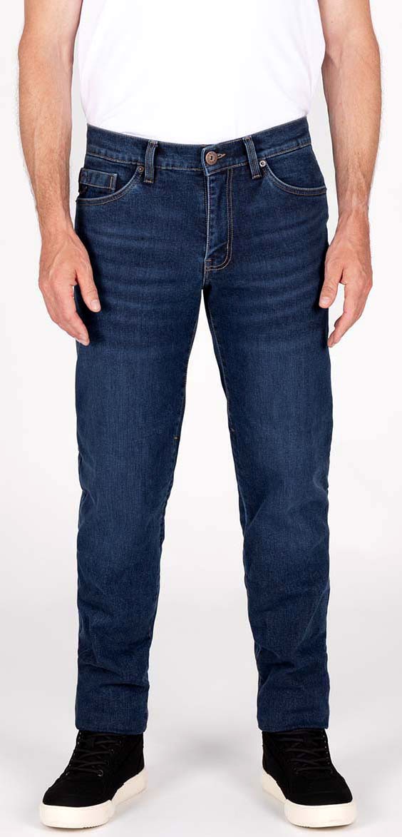 Dark blue Knox Kirkstone jeans in size S, featuring a classic five-pocket design and a slim fit, paired with a plain white shirt and black sneakers.