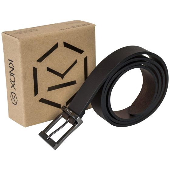 Brown leather belt by Knox, featuring a sleek design, large size, and a polished silver buckle, presented in a simple cardboard box with a geometric logo.