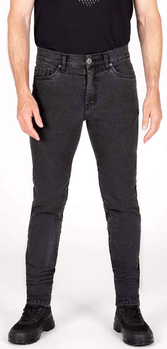 Dark grey Knox Colton jeans in size M, featuring a slim fit, classic five-pocket design, and a button fly, paired with black boots for a stylish look.