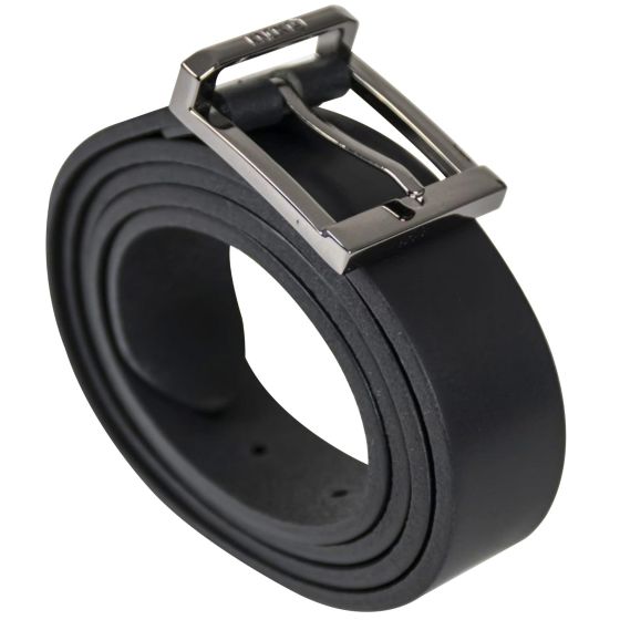 Black leather belt with a smooth finish, featuring a silver metal buckle and multiple adjustment holes for a customizable fit.