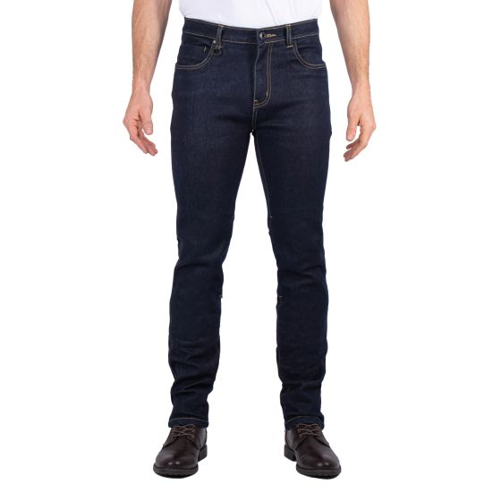 Men's Knox Shield motorcycle jeans in blue, made from durable denim, featuring a slim fit design with reinforced stitching and pockets for protection and style.