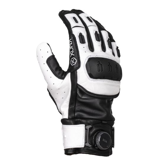 Black and white Knox Orsa Leather MK3 gloves in size M, featuring a padded knuckle area, perforated leather for breathability, and a secure wrist closure.