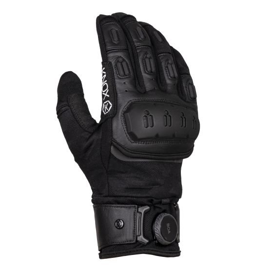 Black Knox Orsa OR4 motorcycle gloves in size 3XL for men, featuring padded knuckles, a textured grip, and a secure wrist strap for added protection and comfort.