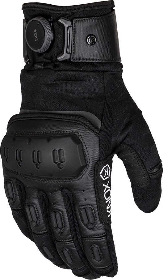 Black and light grey Knox Orsa Textile OR4 gloves in size L, featuring a durable material, padded knuckles, and a BOA adjustment system for a secure fit.