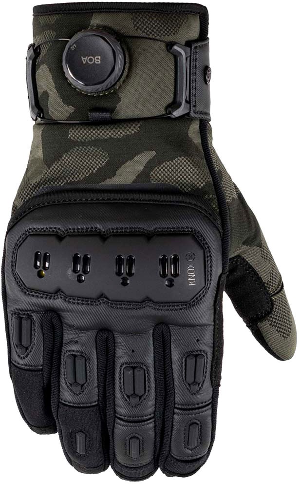 Black and olive camo textile gloves with reinforced knuckles, adjustable wrist strap, and padded palm, designed for durability and grip, size XS.