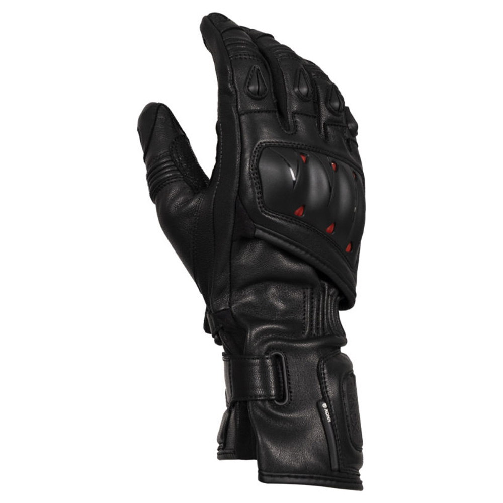 Black leather motorcycle gloves featuring Knox Oulton MK2 protection, with knuckle armor, red accents, and a secure wrist strap for enhanced safety and comfort.