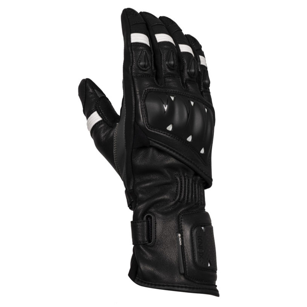 Black leather motorcycle gloves featuring Knox protection, knuckle armor, and white reflective accents for enhanced visibility and safety during summer rides.